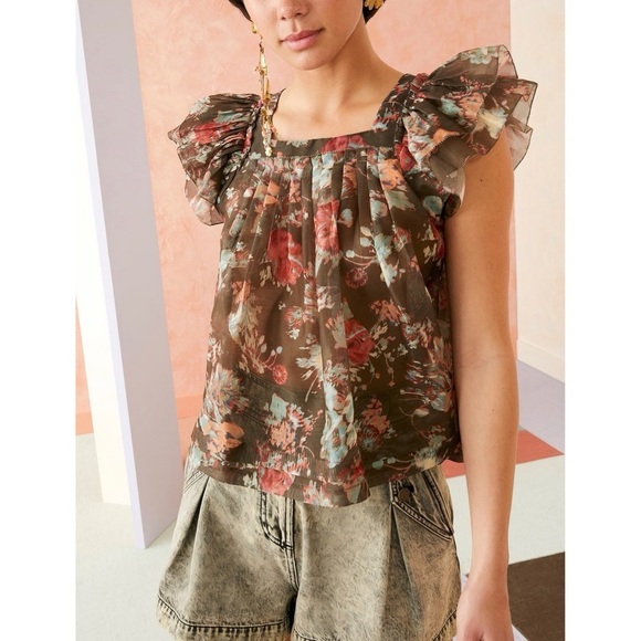Ulla Johnson Silk-Blend Ruffle Floral Kiki Short-Sleeve Top - Picture 3 of 7